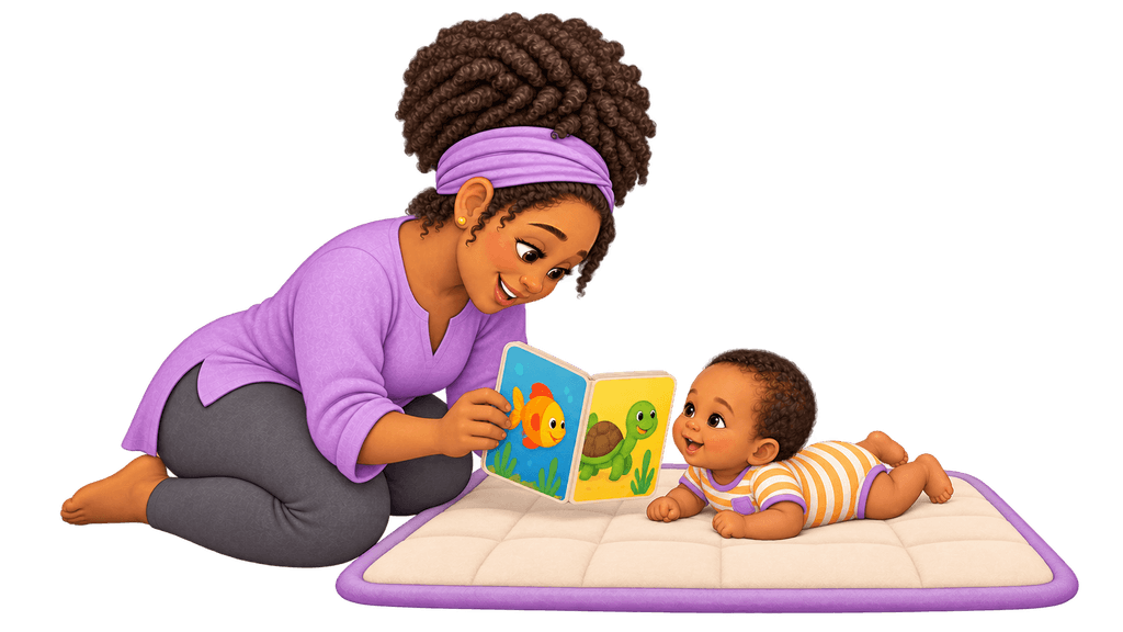 A mother shows a picture book during tummy time