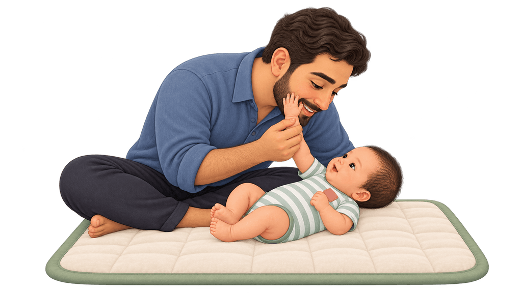 A father guides his baby's hand to touch his face