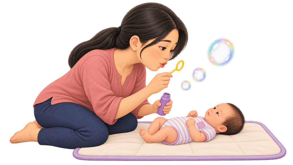 A mother blows bubbles near her baby on a mat
