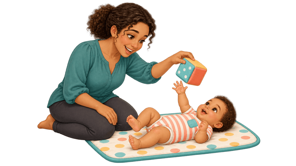 A mother holds a soft cube for her baby to reach