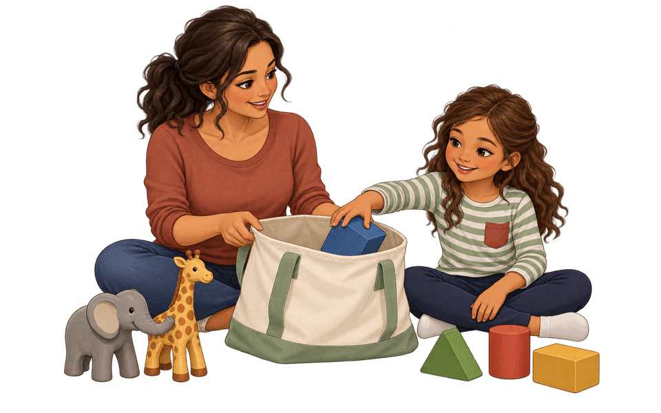 A girl picks toys out of a bag with her mother