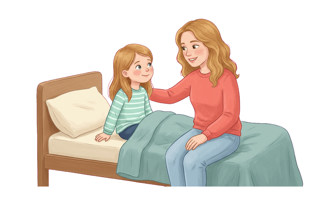 A mother wakes her daughter in bed