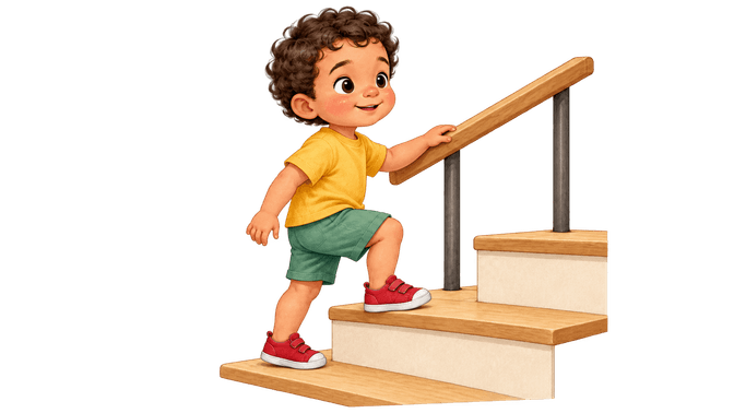 A toddler walks up stairs holding the rail
