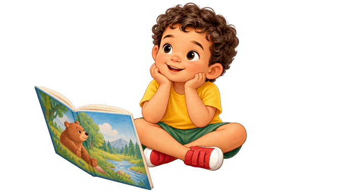 A child sits listening beside an open storybook